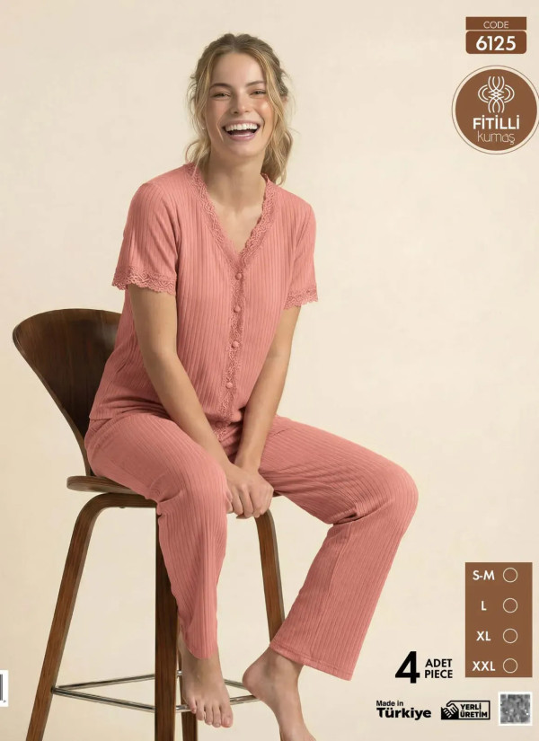 Women's Ribbed-Knit Button-Down Pajama Set with Trousers (S/M+L+XL+2XL) Pijamo 6125 — Turkish factory wholesale