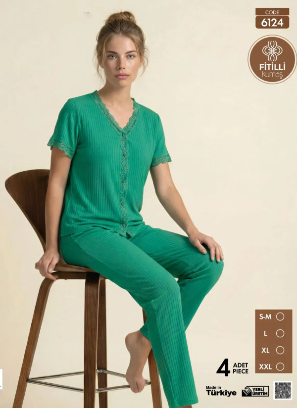 Women's Ribbed-Knit Button-Down Pajama Set with Trousers (S/M+L+XL+2XL) Pijamo 6124 — Istanbul wholesale supplier