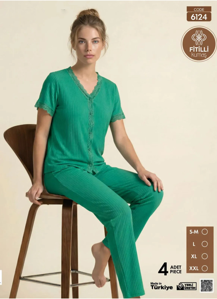 Women's Ribbed-Knit Button-Down Pajama Set with Trousers (S/M+L+XL+2XL) Pijamo 6124 — Istanbul wholesale supplier