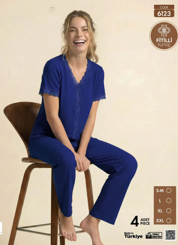 Women's Ribbed-Knit Button-Down Pajama Set with Trousers (S/M+L+XL+2XL) Pijamo 6123 — wholesale for boutiques