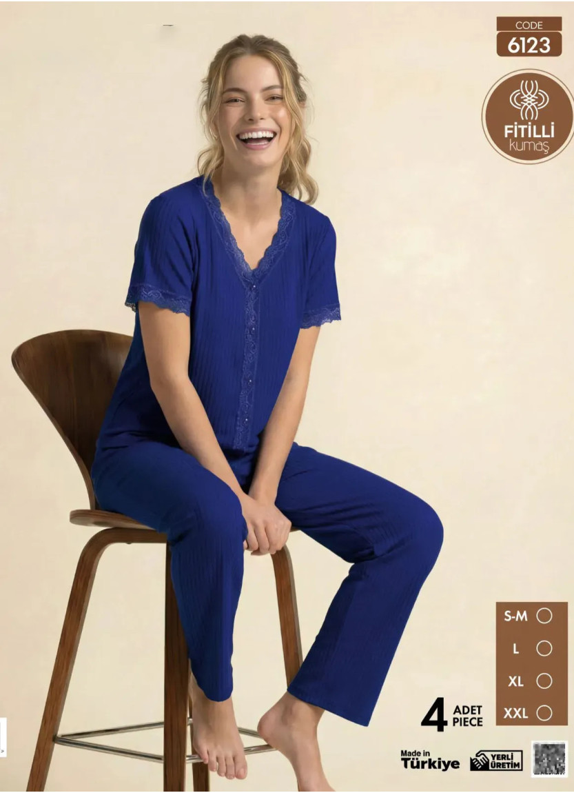 Women's Ribbed-Knit Button-Down Pajama Set with Trousers (S/M+L+XL+2XL) Pijamo 6123 — wholesale for boutiques