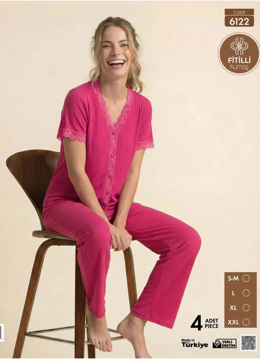 Women's Ribbed-Knit Button-Down Pajama Set with Trousers (S/M+L+XL+2XL) Pijamo 6122 — Turkey wholesale collection