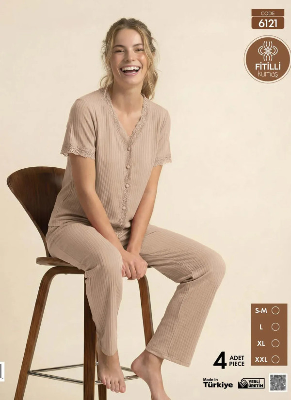 Women's Ribbed-Knit Button-Down Pajama Set with Trousers (S/M+L+XL+2XL) Pijamo 6121 — Turkish factory wholesale