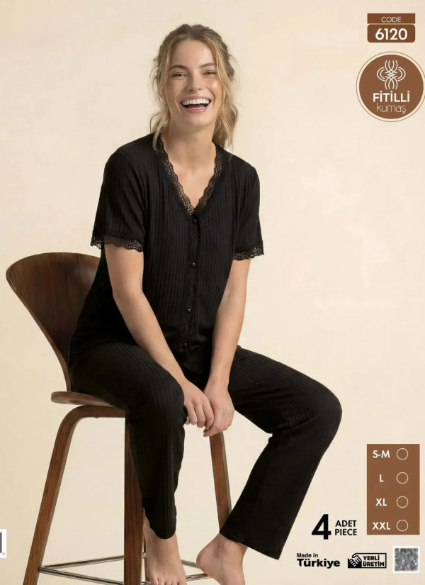 Women's Ribbed-Knit Button-Down Pajama Set with Trousers (S/M+L+XL+2XL) Pijamo 6120 — Istanbul wholesale supplier