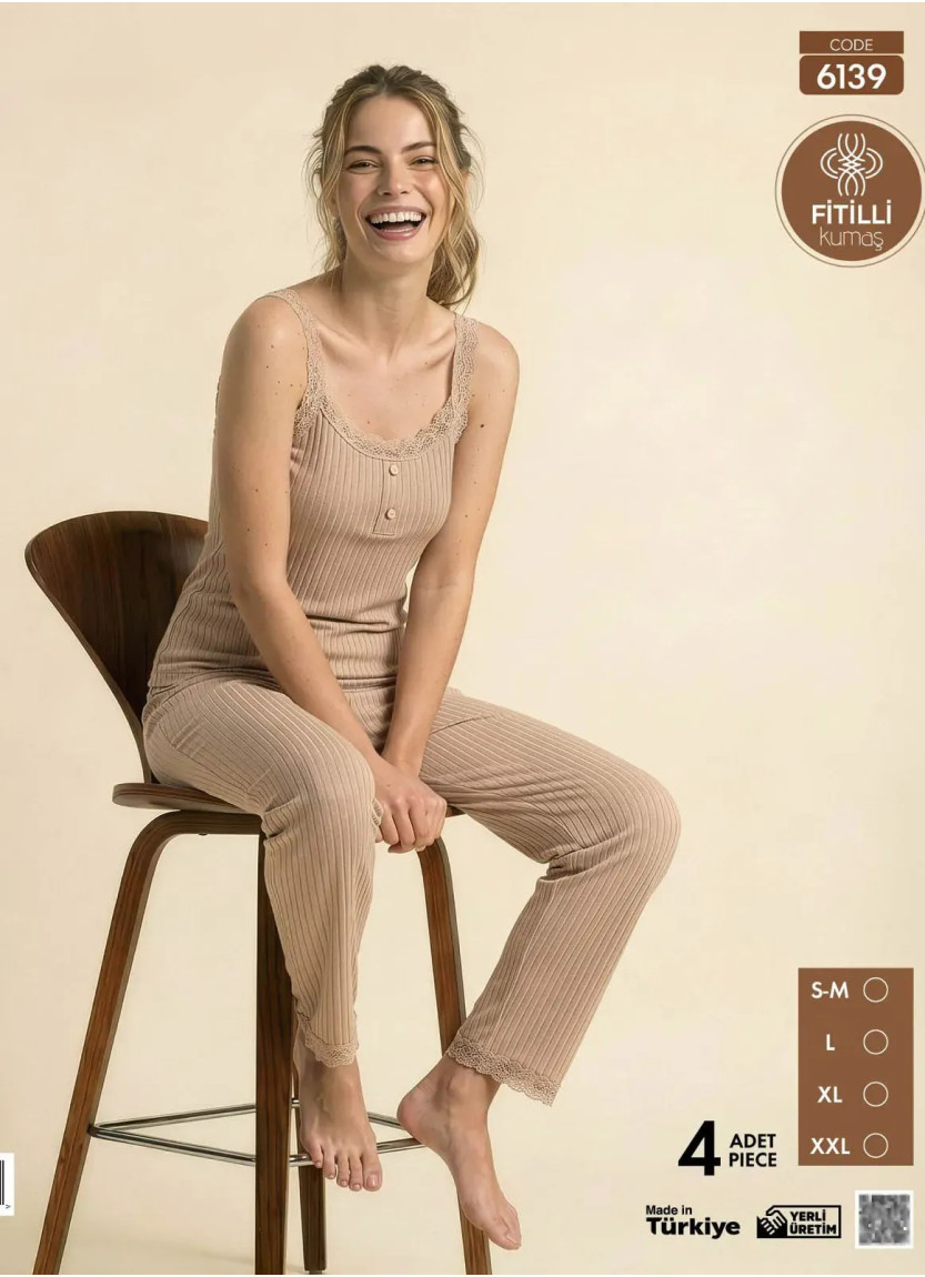 Women's Ribbed-Knit Pajama Set with Lace and Trousers (S/M+L+XL+2XL) Pijamo 6139 — wholesale for boutiques