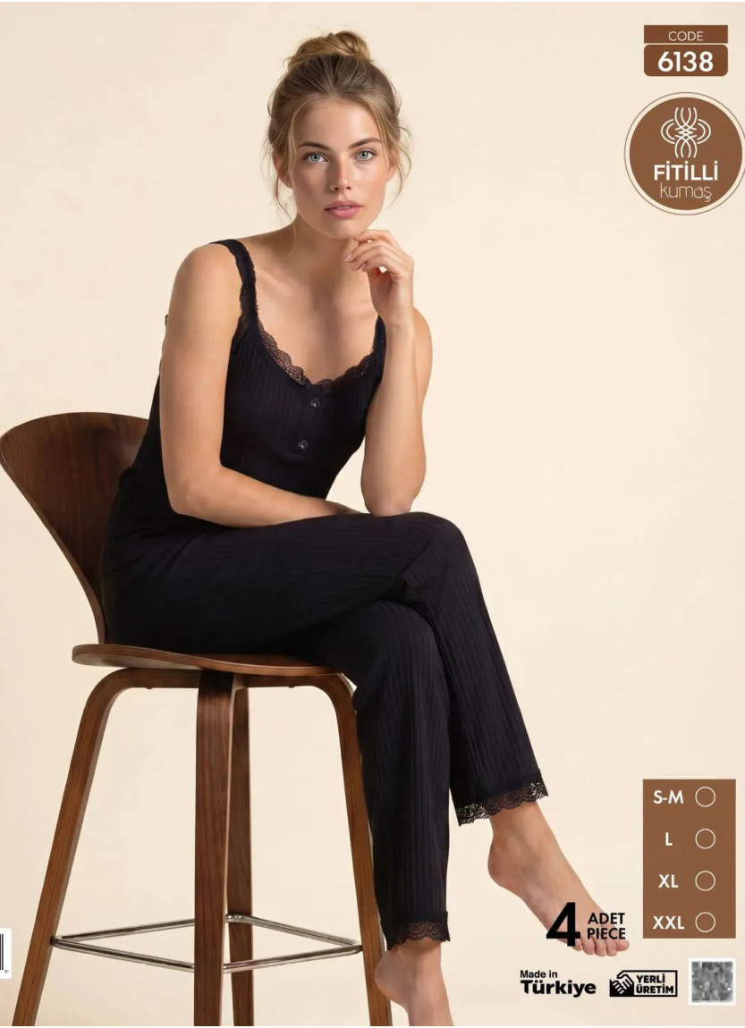 Women's Ribbed-Knit Pajama Set with Lace and Trousers (S/M+L+XL+2XL) Pijamo 6138 — Turkey wholesale collection