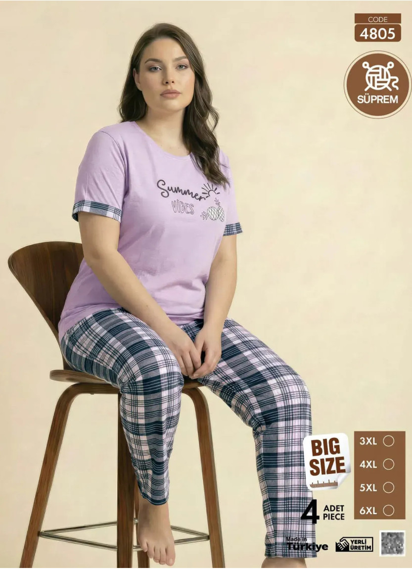 Пижама Женская Батал с Брюками из Хлопкового Трикотажа (3XL+4XL+5XL+6XL) SÜPREM 4805 Pijamo 4805 — фабричная коллекция оптом