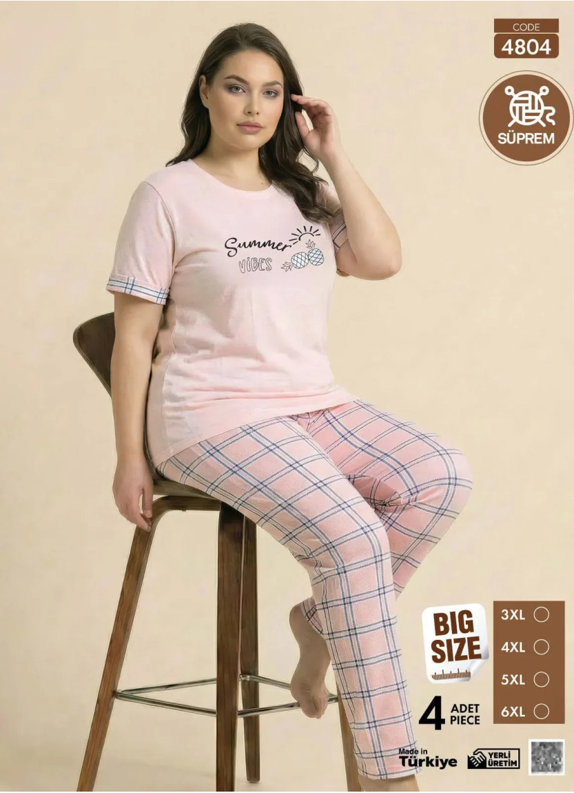 Пижама Женская Батал с Брюками из Хлопкового Трикотажа (3XL+4XL+5XL+6XL) SÜPREM 4804 Pijamo 4804 — прямые поставки из Турции
