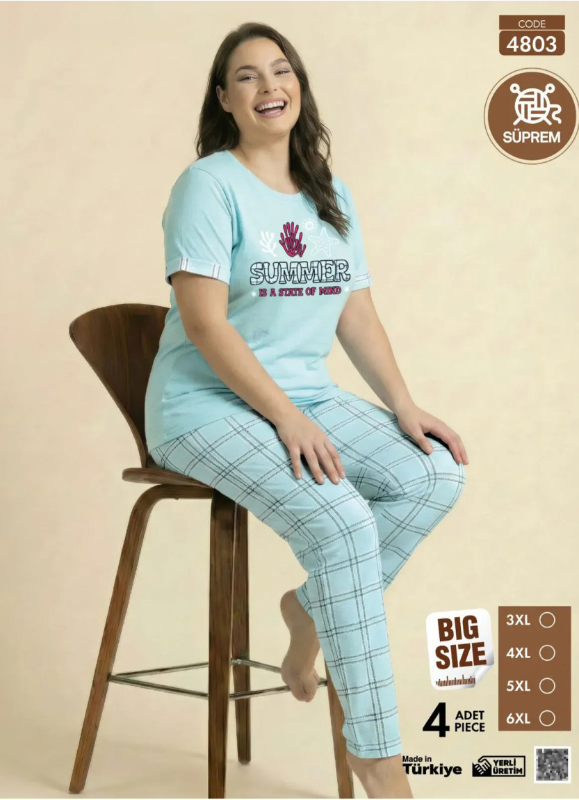 Пижама Женская Батал с Брюками из Хлопкового Трикотажа (3XL+4XL+5XL+6XL) SÜPREM 4803 Pijamo 4803 — оптом от турецкой фабрики