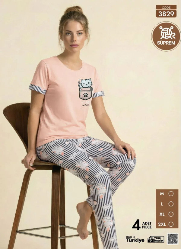Пижама Женская с Брюками из Хлопкового Трикотажа (M+L+XL+2XL) SÜPREM 3829 Pijamo 3829 — купить оптом со Стамбула