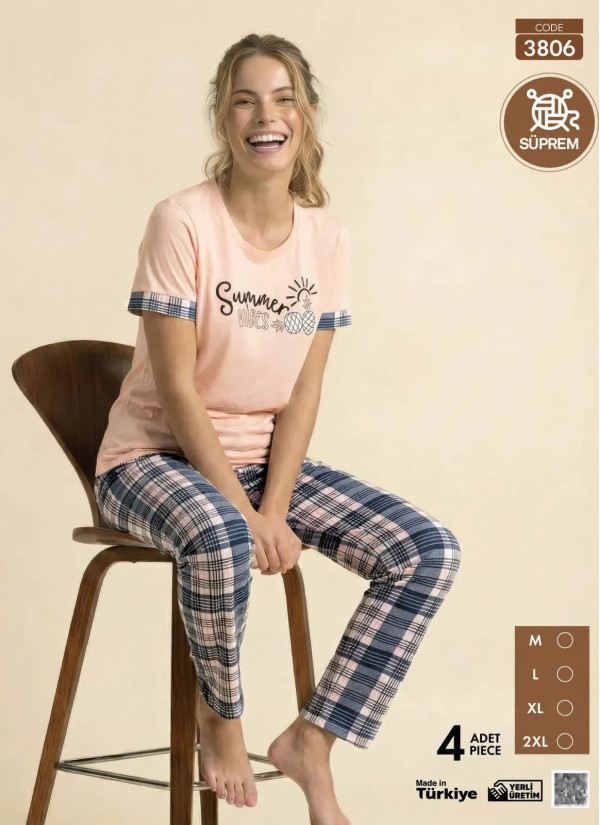 Пижама Женская с Брюками из Хлопкового Трикотажа (M+L+XL+2XL) SÜPREM 3806 Pijamo 3806 — фабричная коллекция оптом