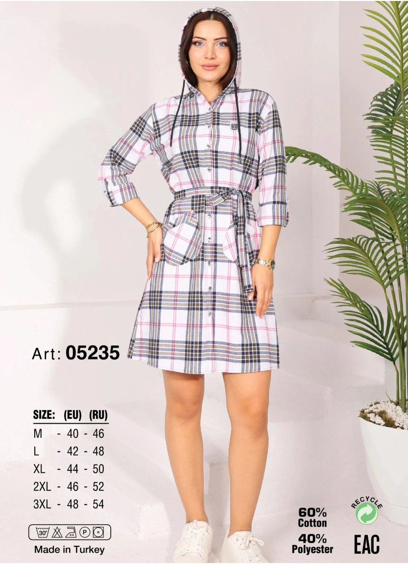 Women's Cotton Plaid Hooded Shirt Tunic (M+L+XL+2XL+3XL) JEN 05236 — Turkish factory wholesale