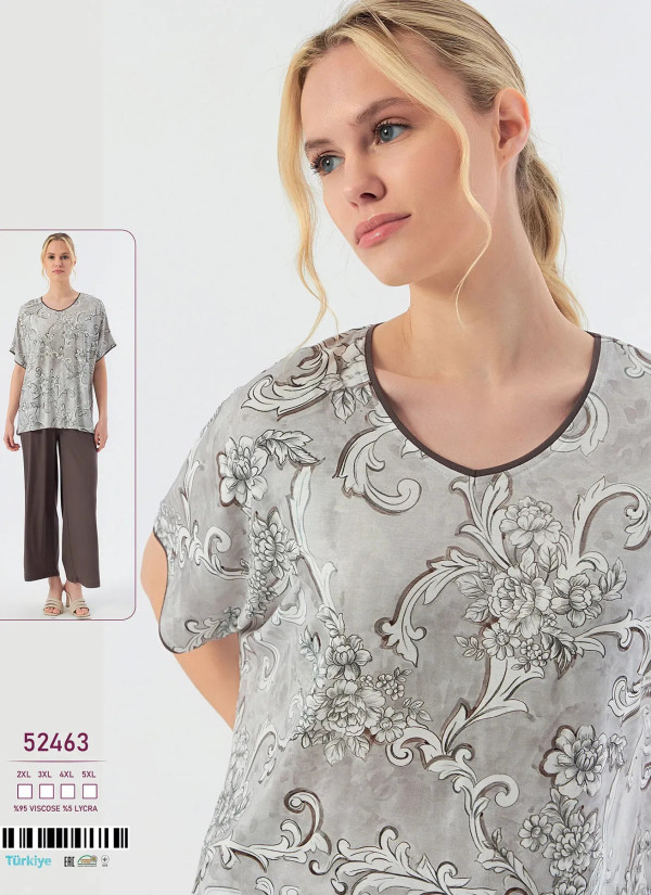 Caroline 52463 Оптом Турция Фабрика Пижама Женская Комплект с Брюками Вискоза (2XL+3XL+4XL+5XL) Caroline 52463 Купить Оптом с...