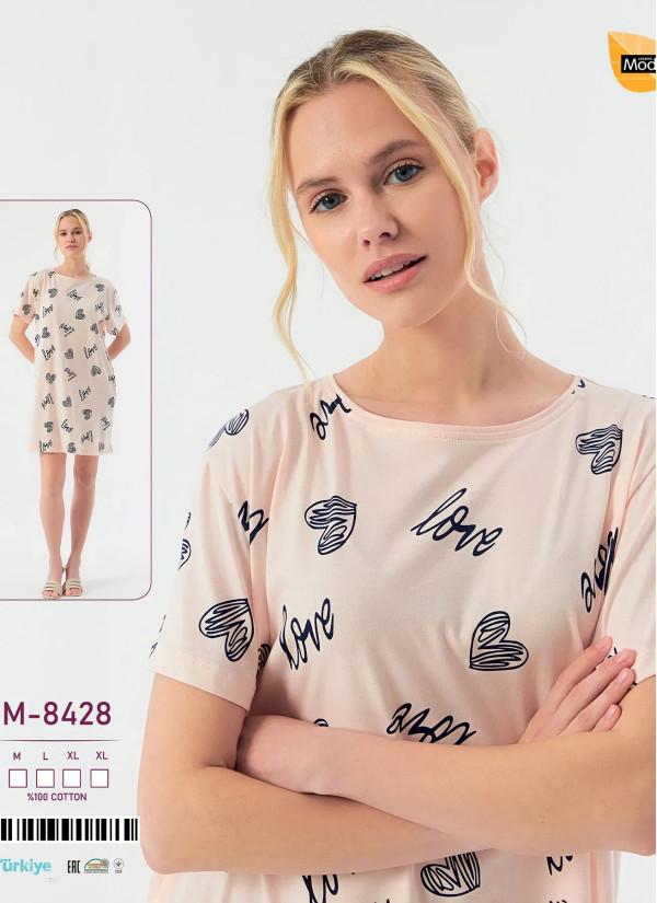 Caroline M-8428 Оптом Турция Фабрика Ночная Сорочка Хлопок (M+L+XL+XL) Caroline M-8428 Купить Оптом с Турции