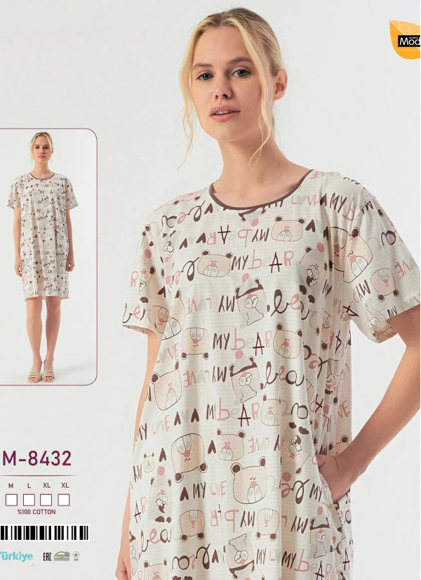 Caroline M-8432 Оптом Турция Фабрика Ночная Сорочка Хлопок (M+L+XL+XL) Caroline M-8432 Купить Оптом с Турции