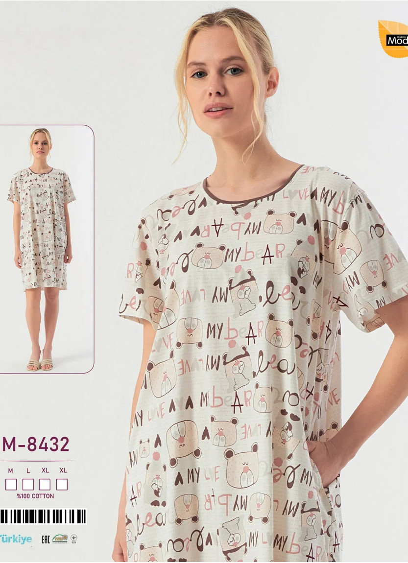 Caroline M-8432 Оптом Турция Фабрика Ночная Сорочка Хлопок (M+L+XL+XL) Caroline M-8432 Купить Оптом с Турции