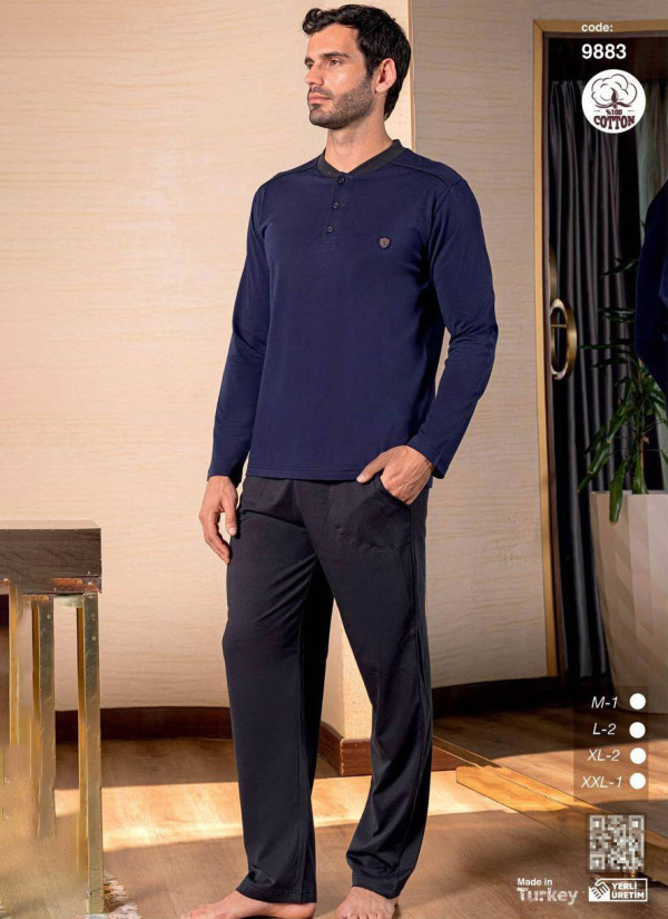 Пижама Мужская Хлопковая с Длинным Рукавом (M+L+L+XL+XL+2XL) SeamLife 9883 — оптовая поставка из Турции