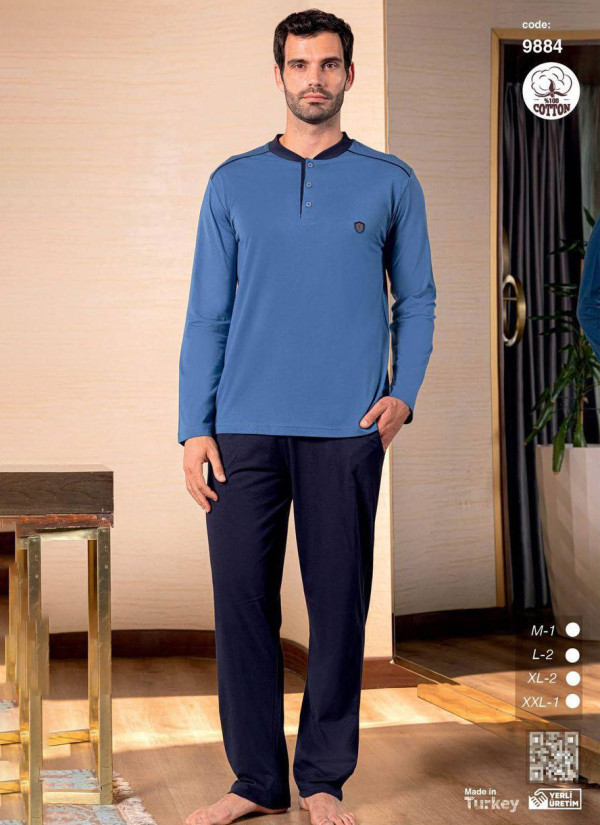 Men’s Cotton Pajama Set with Long Sleeves (M+L+L+XL+XL+2XL) SeamLife 9884 — Turkish textile wholesale