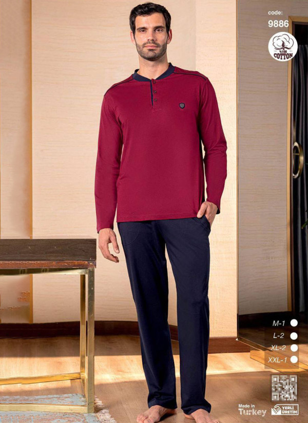 Men’s Cotton Pajama Set with Long Sleeves (M+L+L+XL+XL+2XL) SeamLife 9886 — wholesale from Turkey