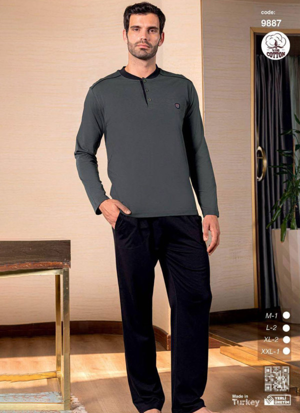 Пижама Мужская Хлопковая с Длинным Рукавом (M+L+L+XL+XL+2XL) SeamLife 9887 — оптовая поставка из Турции