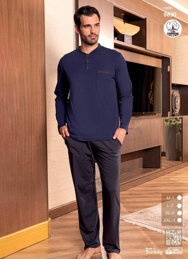 Men’s Cotton Pajama Set with Long Sleeves (M+L+L+XL+XL+2XL) SeamLife 9890 — wholesale from Turkey