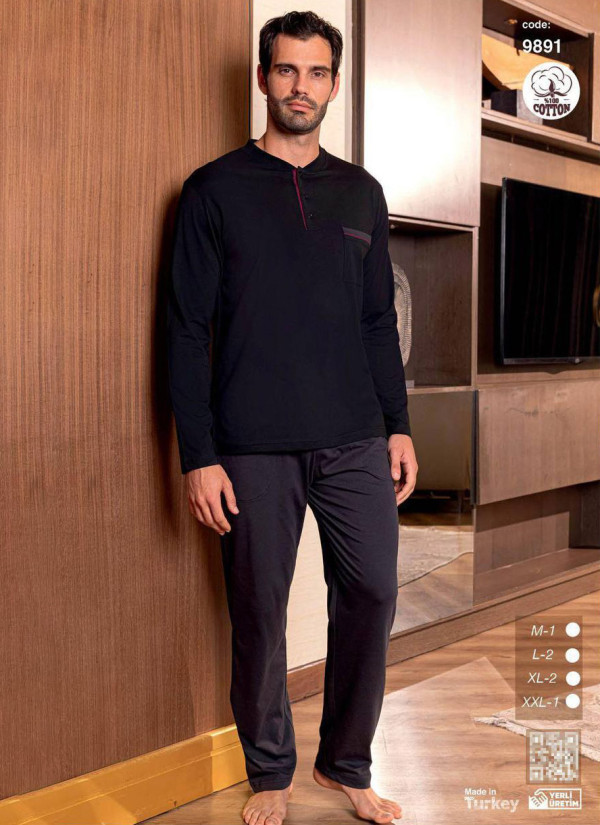 Пижама Мужская Хлопковая с Длинным Рукавом (M+L+L+XL+XL+2XL) SeamLife 9891 — оптовая поставка из Турции