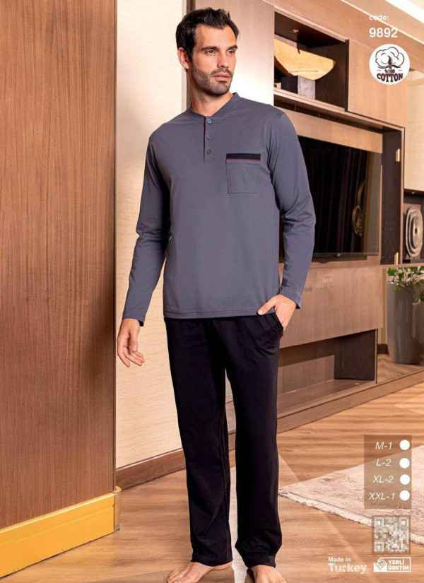 Men’s Cotton Pajama Set with Long Sleeves (M+L+L+XL+XL+2XL) SeamLife 9892 — Turkish textile wholesale