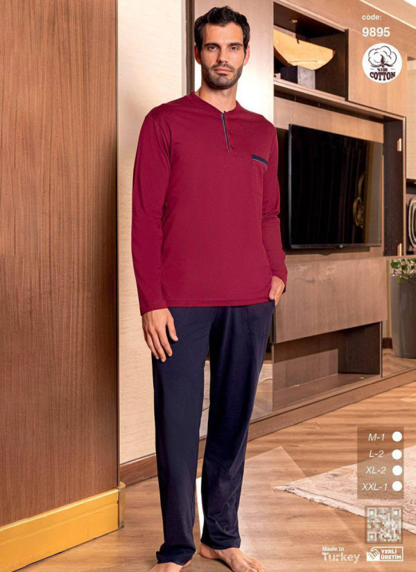 Пижама Мужская Хлопковая с Длинным Рукавом (M+L+L+XL+XL+2XL) SeamLife 9895 — оптовая поставка из Турции