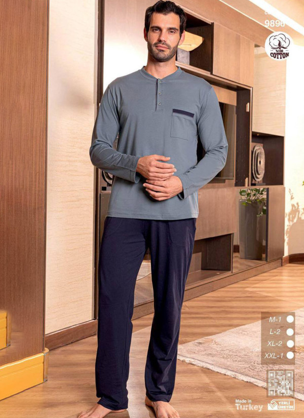 Пижама Мужская Хлопковая с Длинным Рукавом (M+L+L+XL+XL+2XL) SeamLife 9896 — турецкий текстиль оптом