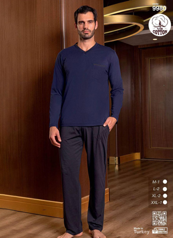 Men’s Cotton Pajama Set with Long Sleeves (M+L+L+XL+XL+2XL) SeamLife 9980 — factory-direct from Turkey