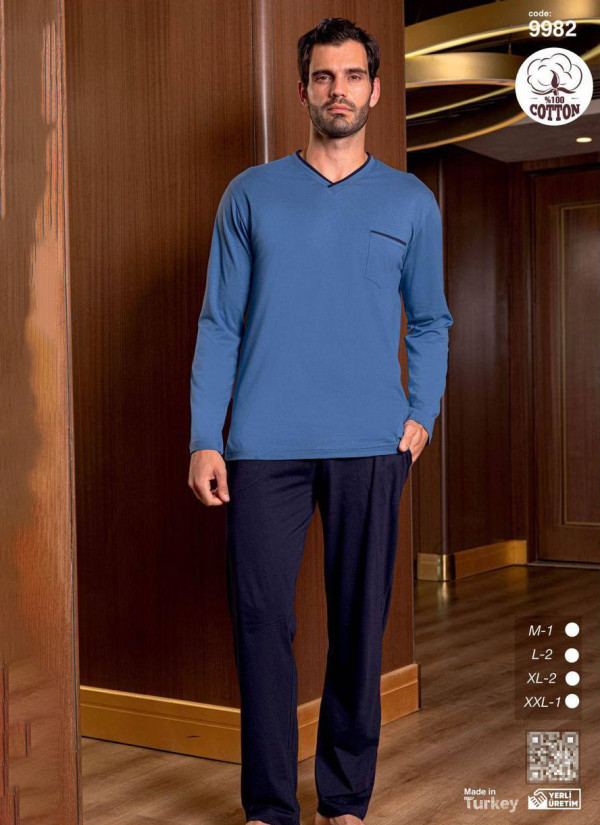 Men’s Cotton Pajama Set with Long Sleeves (M+L+L+XL+XL+2XL) SeamLife 9982 — direct Turkish factory supply