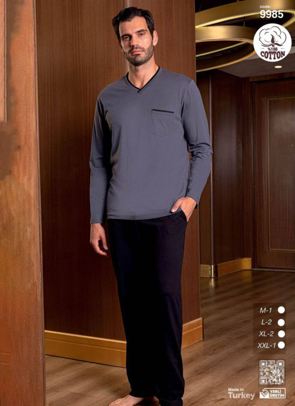 Пижама Мужская Хлопковая с Длинным Рукавом (M+L+L+XL+XL+2XL) SeamLife 9985 — турецкий текстиль оптом