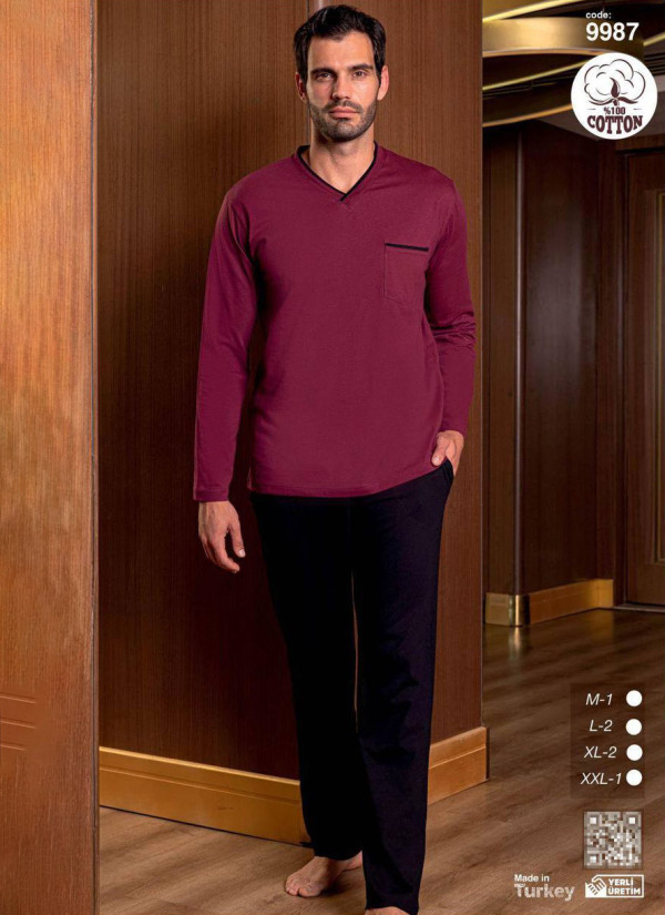 Men’s Cotton Pajama Set with Long Sleeves (M+L+L+XL+XL+2XL) SeamLife 9987 — wholesale from Turkey