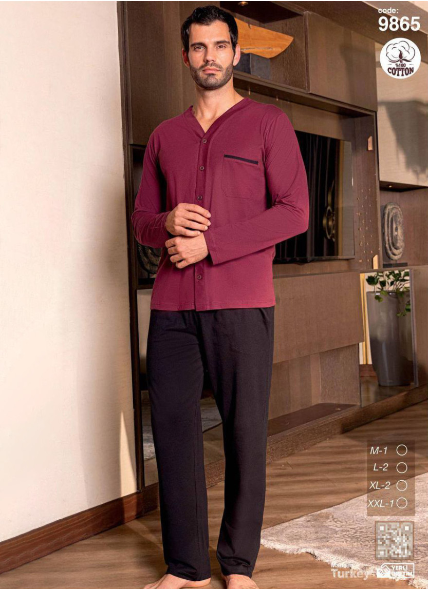 Men’s Cotton Button-Front Pajama Set with Long Sleeves (M+L+L+XL+XL+2XL) SeamLife 9865 — factory-direct from Turkey