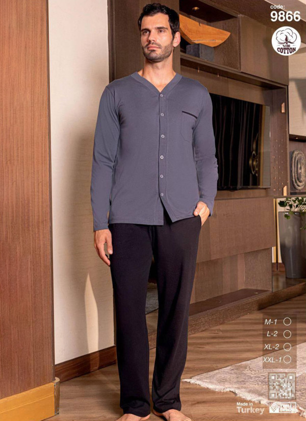 Men’s Cotton Button-Front Pajama Set with Long Sleeves (M+L+L+XL+XL+2XL) SeamLife 9866 — Turkish textile wholesale