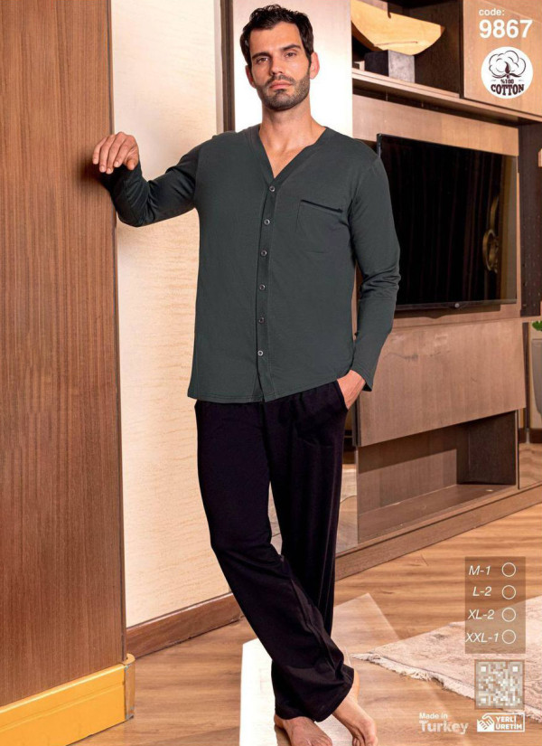 Men’s Cotton Button-Front Pajama Set with Long Sleeves (M+L+L+XL+XL+2XL) SeamLife 9867 — direct Turkish factory supply