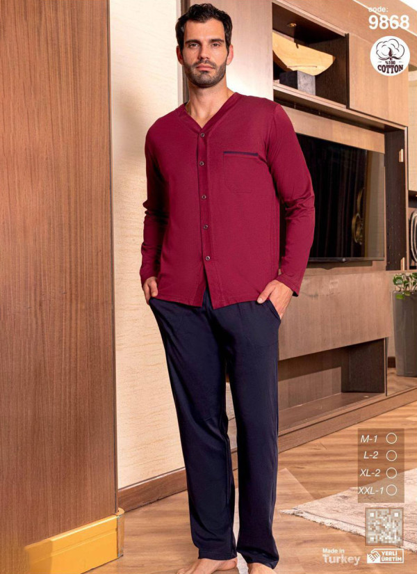 Men’s Cotton Button-Front Pajama Set with Long Sleeves (M+L+L+XL+XL+2XL) SeamLife 9868 — wholesale from Turkey