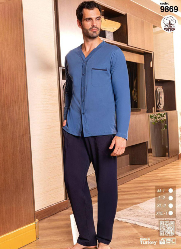 Men’s Cotton Button-Front Pajama Set with Long Sleeves (M+L+L+XL+XL+2XL) SeamLife 9869 — factory-direct from Turkey