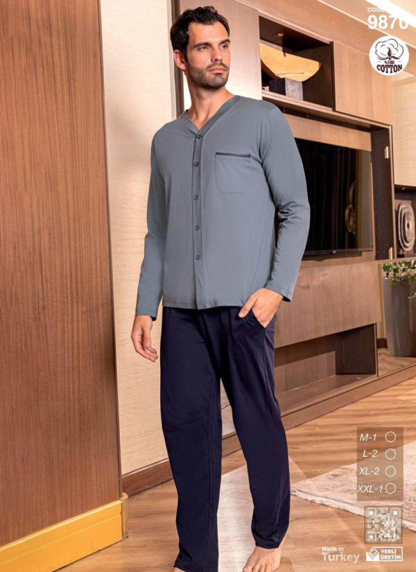 Men’s Cotton Button-Front Pajama Set with Long Sleeves (M+L+L+XL+XL+2XL) SeamLife 9870 — Turkish textile wholesale