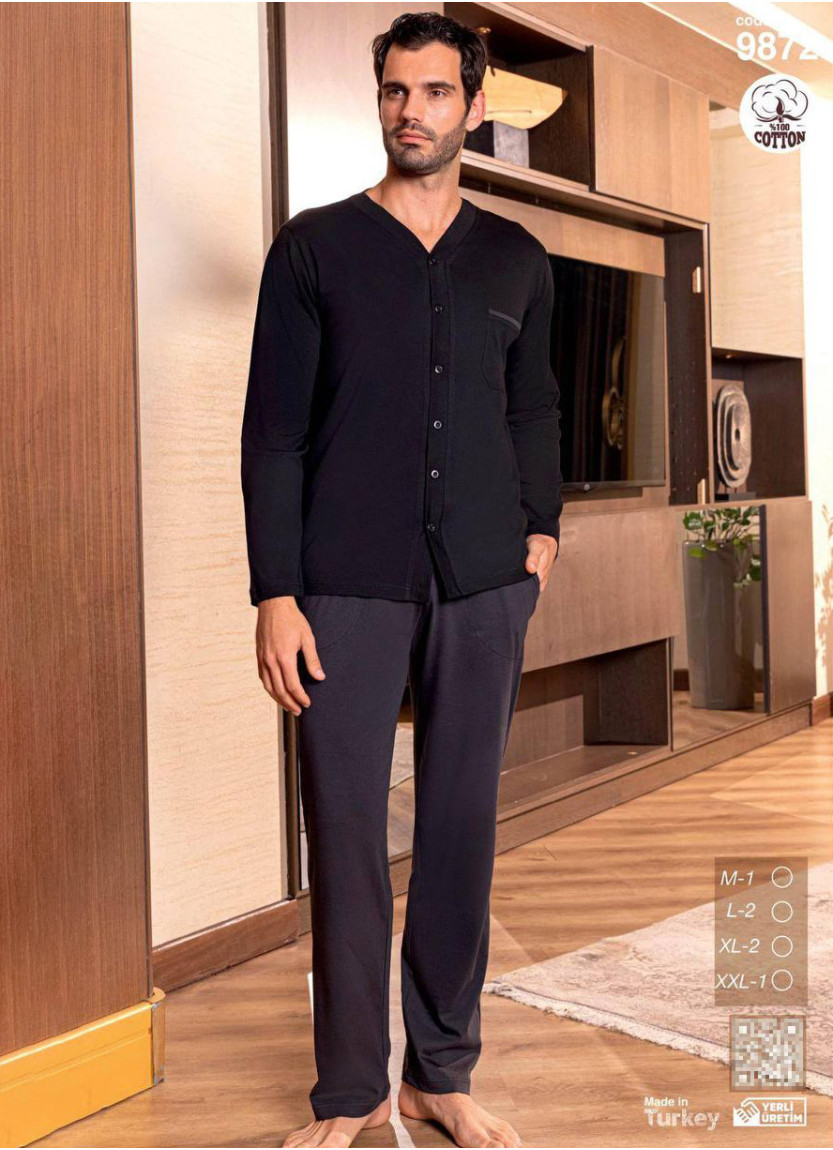 Men’s Cotton Button-Front Pajama Set with Long Sleeves (M+L+L+XL+XL+2XL) SeamLife 9872 — wholesale from Turkey