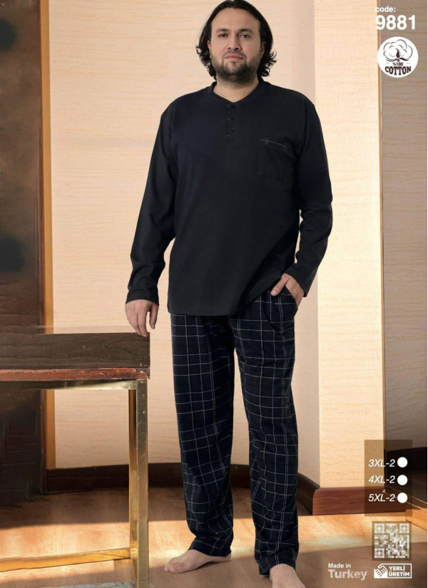 Пижама Мужская Хлопковая Больших Размеров с Длинным Рукавом (3XL+3XL+4XL+4XL+5XL+5XL) SeamLife 9881 — оптовая поставка из Турции