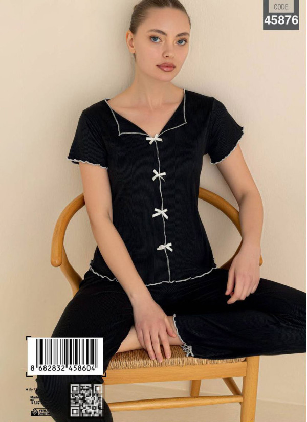 Women’s Cotton Pajama Set with Pants and Short Sleeves (S+M+L+XL) CAGRI 45876 — factory-direct from Turkey