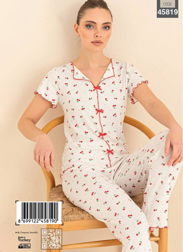 Women’s Cotton Pajama Set with Pants and Short Sleeves (S+M+L+XL) CAGRI 45819 — wholesale from Turkey