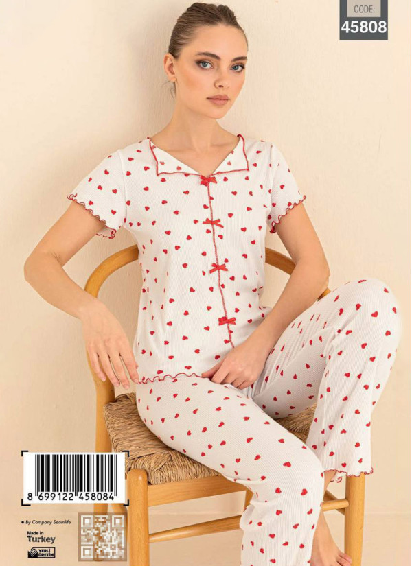 Women’s Cotton Pajama Set with Pants and Short Sleeves (S+M+L+XL) CAGRI 45808 — factory-direct from Turkey