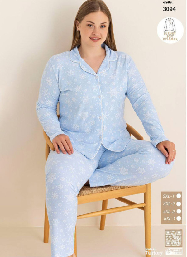 Plus Size Women’s Button-Front Pajama Set with Pants and Long Sleeves (2XL+3XL+4XL+5XL) CAGRI 30 — direct Turkish factory supply