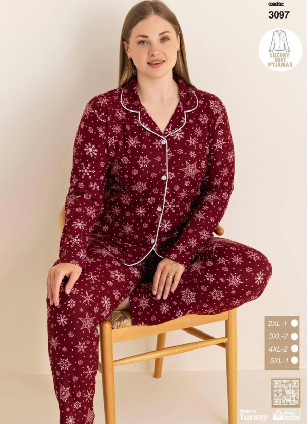 Plus Size Women’s Button-Front Pajama Set with Pants and Long Sleeves (2XL+3XL+4XL+5XL) CAGRI 3097 — factory-direct from Turkey