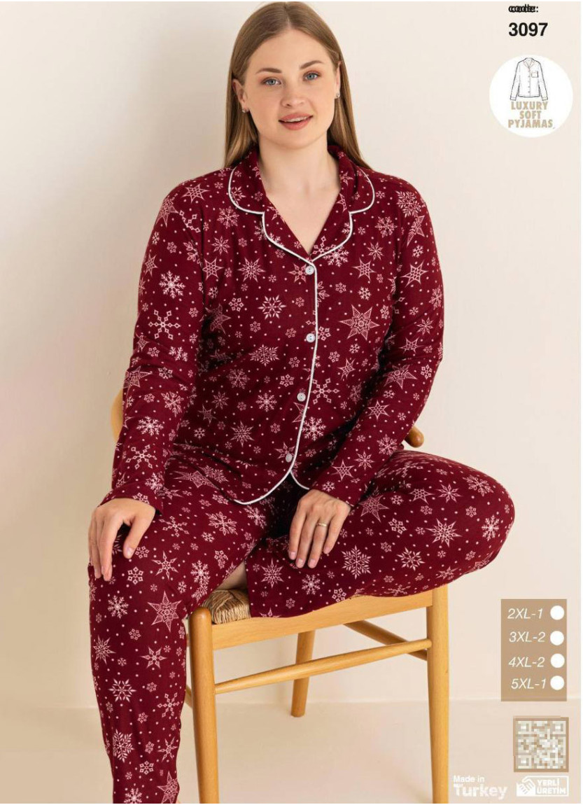 Plus Size Women’s Button-Front Pajama Set with Pants and Long Sleeves (2XL+3XL+4XL+5XL) CAGRI 3097 — factory-direct from Turkey
