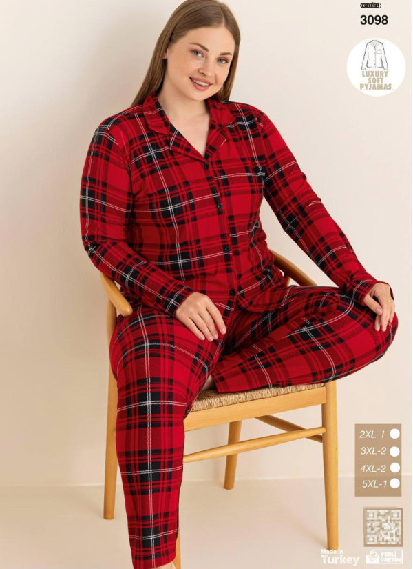 Plus Size Women’s Button-Front Pajama Set with Pants and Long Sleeves (2XL+3XL+4XL+5XL) CAGRI 3098 — Turkish textile wholesale