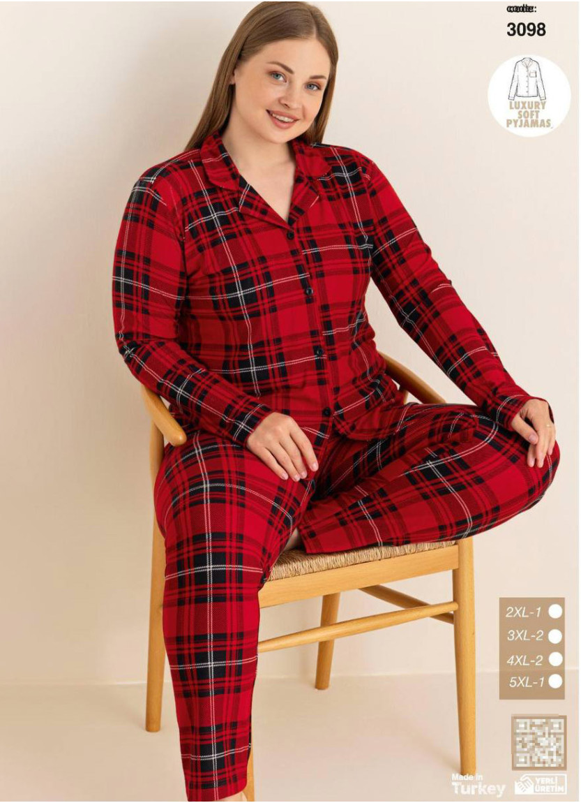 Plus Size Women’s Button-Front Pajama Set with Pants and Long Sleeves (2XL+3XL+4XL+5XL) CAGRI 3098 — Turkish textile wholesale