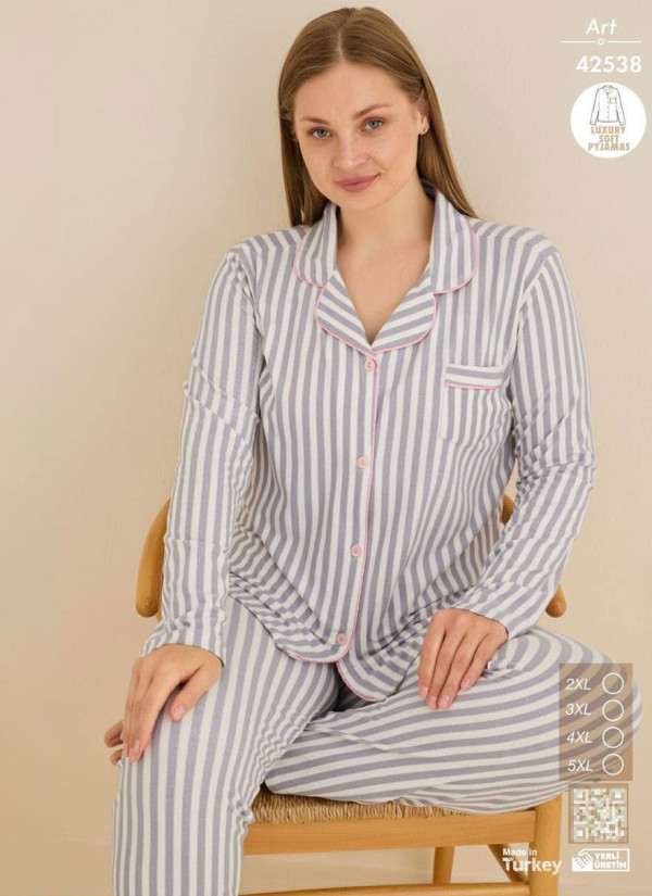 Plus Size Women’s Button-Front Pajama Set with Pants and Long Sleeves (2XL+3XL+4XL+5XL) CAGRI 42538 — wholesale from Turkey